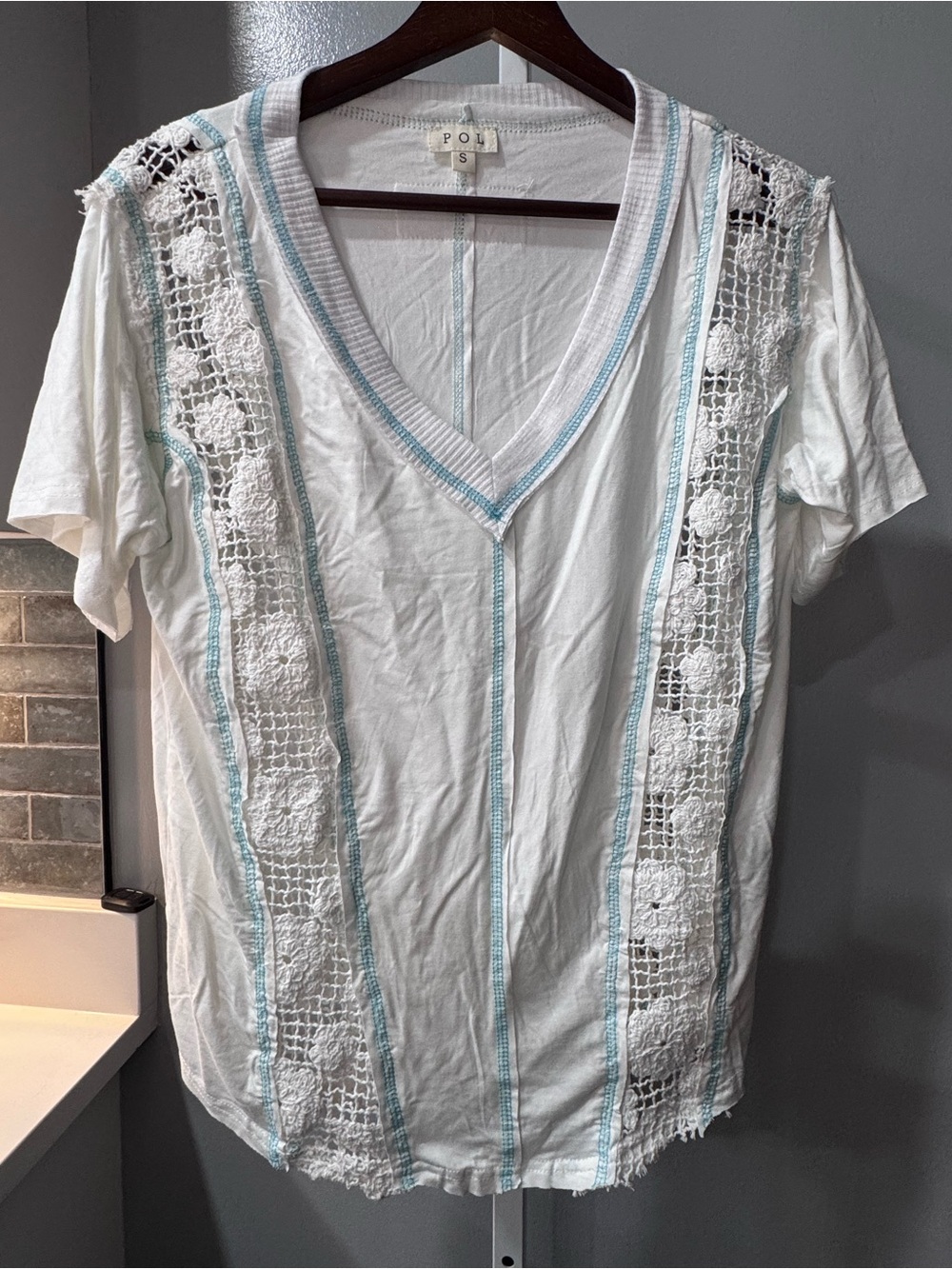 POL White Crochet Lace Aqua Stitch Boho Top Small